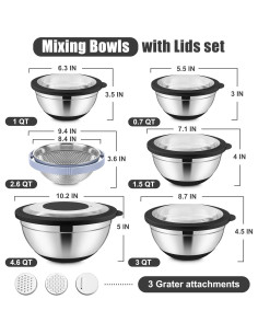 Juego de Cuencos Mezcladores E-far 15PCS Acero Inoxidable 4.4L 2