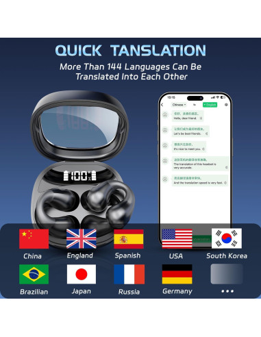 Auriculares de Traducción AI JR01 Negro - 144 Idiomas, 52h Batería