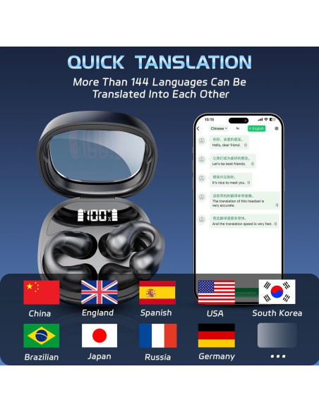 Auriculares de Traducción AI JR01 Negro - 144 Idiomas, 52h Batería