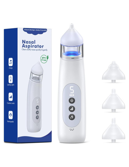 Aspirador Nasal Eléctrico Pudult para Bebés, 5 Niveles, Luz y Música