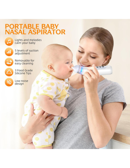 Aspirador Nasal Eléctrico Pudult para Bebés, 5 Niveles, Luz y Música