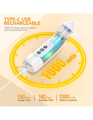 Aspirador Nasal Eléctrico Pudult para Bebés, 5 Niveles, Luz y Música