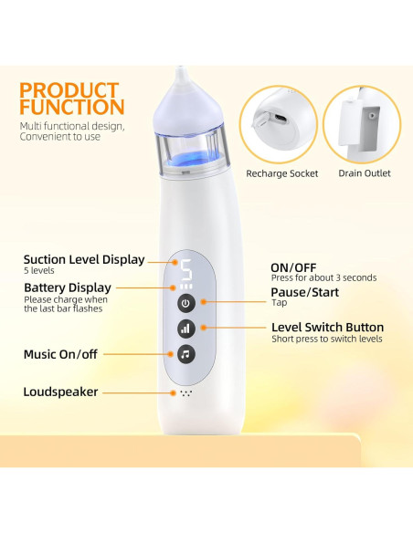 Aspirador Nasal Eléctrico Pudult para Bebés, 5 Niveles, Luz y Música