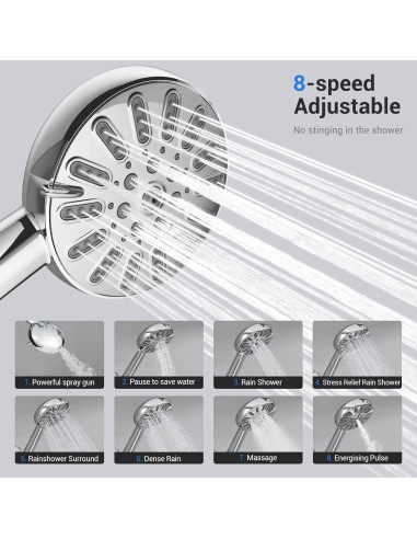 Cabezal de Ducha Portátil WATERLACE 8 Modos Alta Presión 150 cm