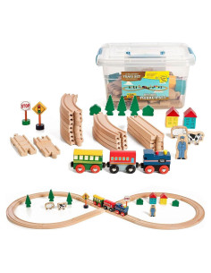 Juego de tren de madera 35 piezas On Track USA con vías magnéticas