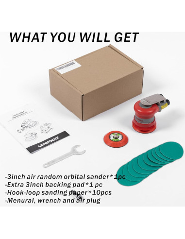 Lijadora orbital neumática UPWOOD 3" 12000 RPM con 12 lijas