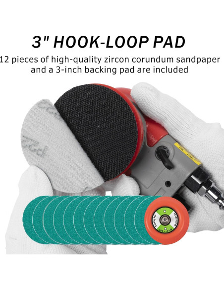 Lijadora orbital neumática UPWOOD 3" 12000 RPM con 12 lijas