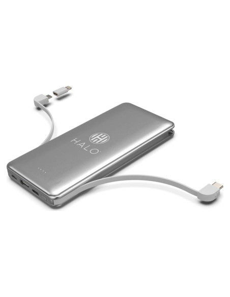 Batería Externa HALO 10,000 mAh con Carga Rápida y Cables Integrados - Plata