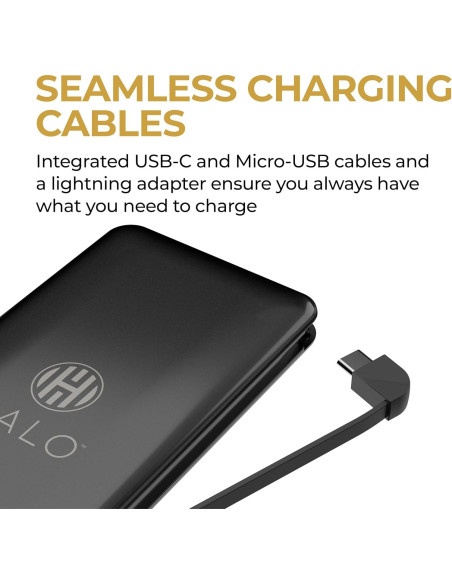 Batería Externa HALO 10,000 mAh con Carga Rápida y Cables Integrados - Plata