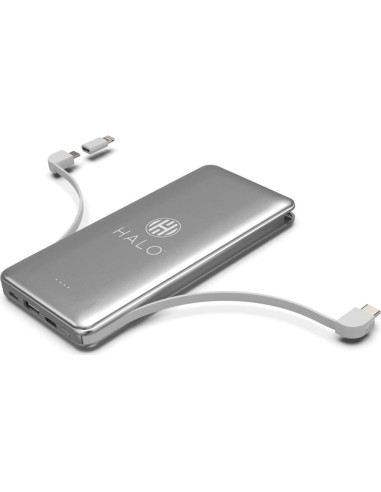 Batería Externa HALO 10,000 mAh con Carga Rápida y Cables Integrados - Plata