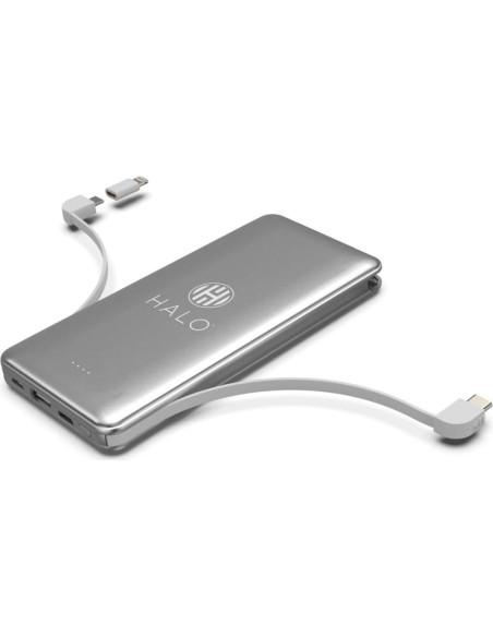 Batería Externa HALO 10,000 mAh con Carga Rápida y Cables Integrados - Plata