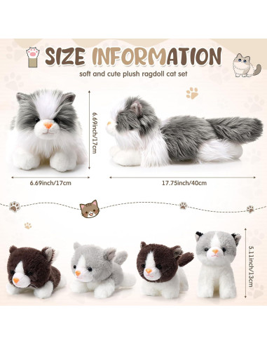 Set de Peluches Gato Ragdoll HyDren 5 Piezas Gris