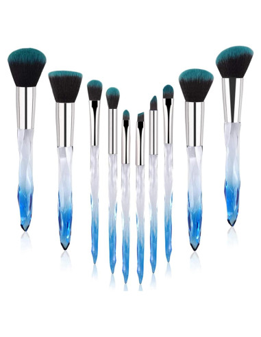Set de 10 Pinceles de Maquillaje Yuwaku - Sintéticos Premium con Mango de Cristal Azul