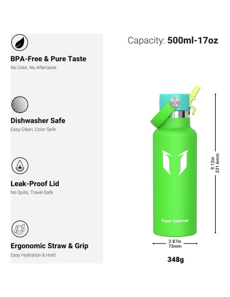 Botella de Agua Aislada Super Sparrow 500 ml Verde Manzana Botella de Agua Aislada Super Sparrow 500 ml Verde Manzana
