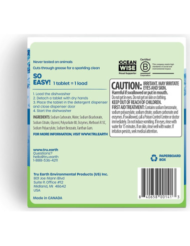 Tabletas de detergente para lavavajillas Tru Earth - 30 tabletas sin fragancia