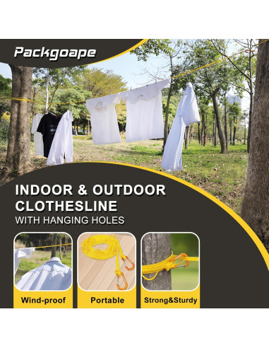 Cuerda de Ropa de Viaje Packgoape 3.81m Amarillo con Pinzas