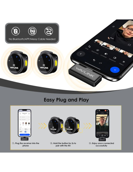 Micrófono Lavalier Inalámbrico WAVLINK 2TX+1RX para iPhone