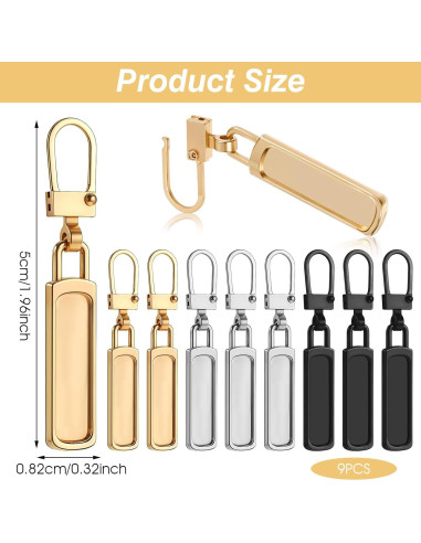 9 Piezas Reemplazo Tiradores de Cremallera YQQYG - Dorado, Plateado, Negro