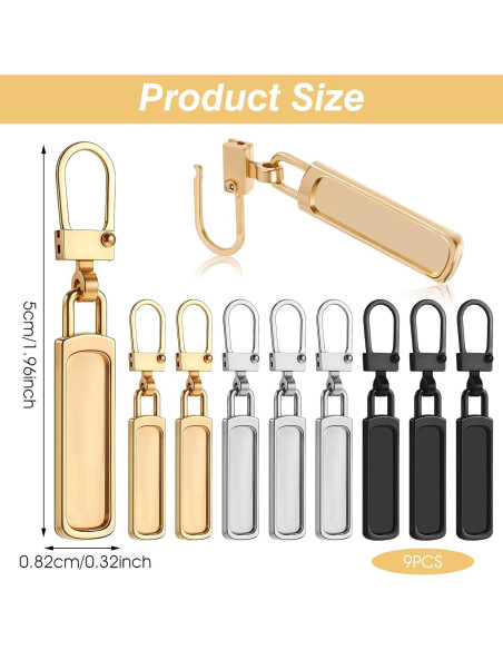 9 Piezas Reemplazo Tiradores de Cremallera YQQYG - Dorado, Plateado, Negro