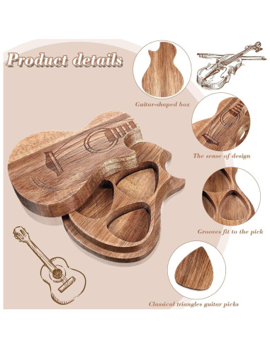 Caja de Púas de Guitarra Boao con 3 Púas de Madera
