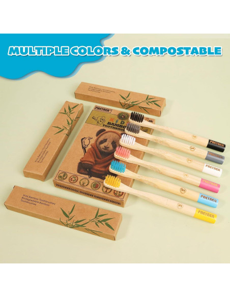 Cepillos de Dientes de Bambú para Niños Paquete de 6 Multicolor