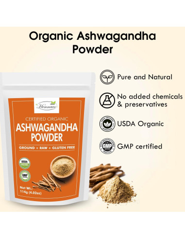 Polvo de Ashwagandha Orgánico Hennaco 114 Gramos - Puro y Natural