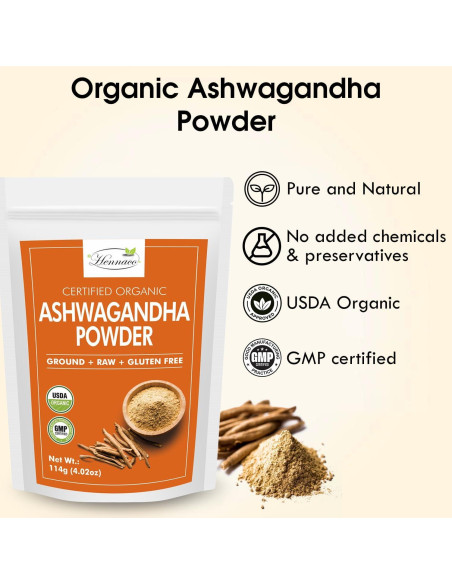 Polvo de Ashwagandha Orgánico Hennaco 114 Gramos - Puro y Natural