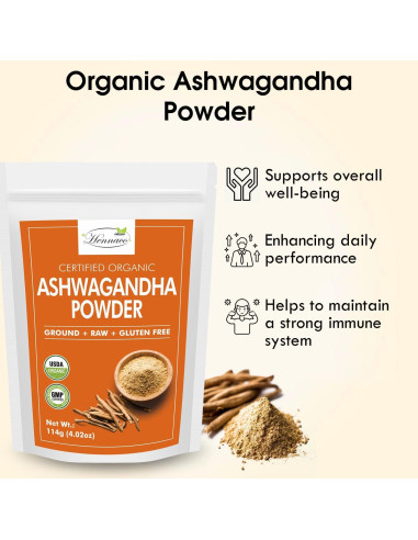 Polvo de Ashwagandha Orgánico Hennaco 114 Gramos - Puro y Natural