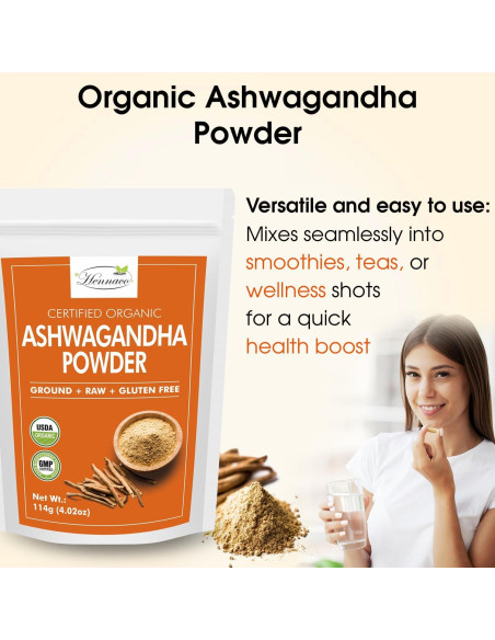 Polvo de Ashwagandha Orgánico Hennaco 114 Gramos - Puro y Natural