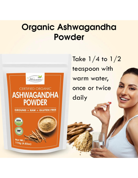Polvo de Ashwagandha Orgánico Hennaco 114 Gramos - Puro y Natural