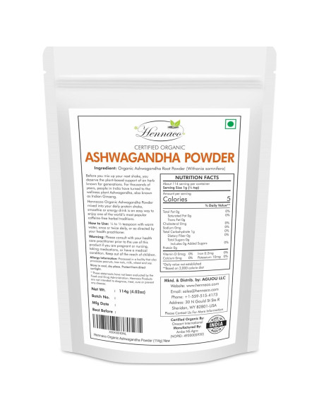 Polvo de Ashwagandha Orgánico Hennaco 114 Gramos - Puro y Natural
