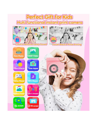 Cámara Instantánea para Niños WONNIE 1080P Rosa con 32GB