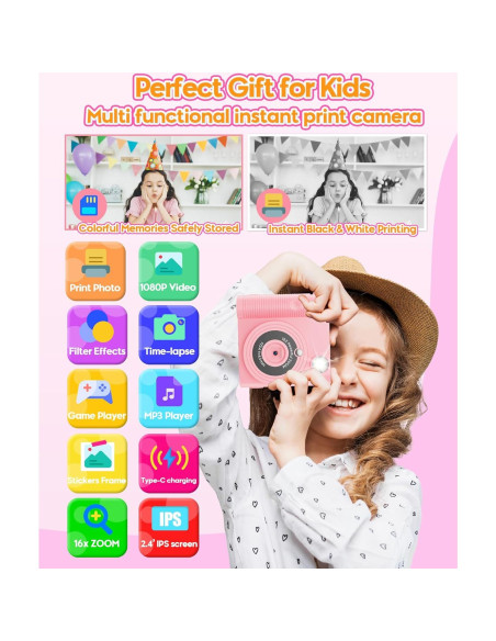 Cámara Instantánea para Niños WONNIE 1080P Rosa con 32GB