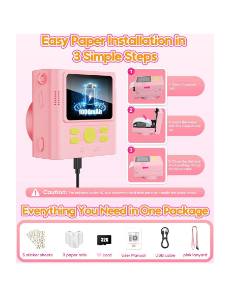 Cámara Instantánea para Niños WONNIE 1080P Rosa con 32GB
