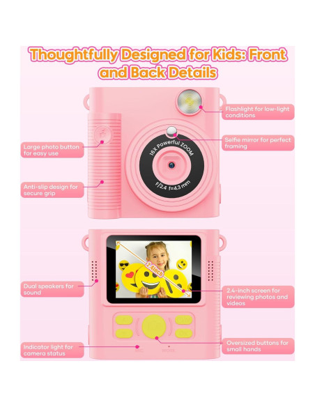 Cámara Instantánea para Niños WONNIE 1080P Rosa con 32GB