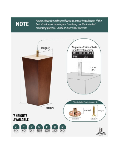 Patas de Madera Sólida La Vane 10cm Set de 4 para Muebles