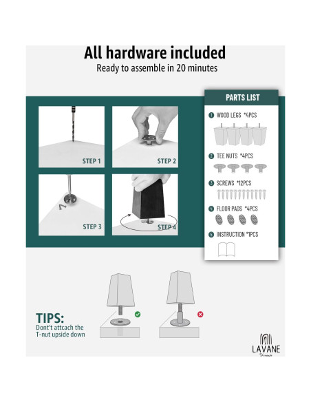 Patas de Madera Sólida La Vane 10cm Set de 4 para Muebles