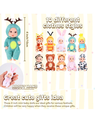 Set de 10 Mini Muñecas Bebé 10 cm MXSYSHYJ con Ropa de Animales