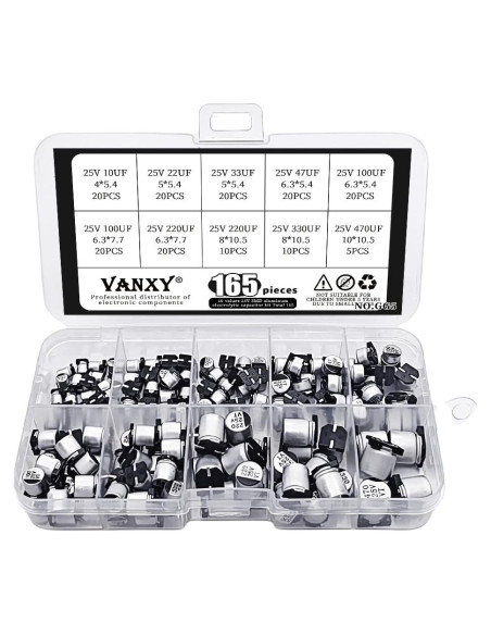 Kit de Capacitores Electrolíticos SMD 25V 165 Pcs VANXY Kit de Capacitores Electrolíticos SMD 25V 165 Pcs VANXY