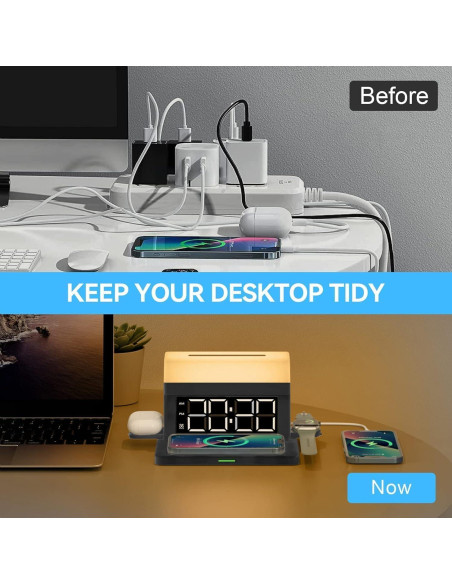 Cargador Inalámbrico 6 en 1 BODSEIEOU con Reloj Despertador 15W