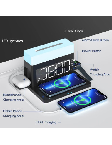 Cargador Inalámbrico 6 en 1 BODSEIEOU con Reloj Despertador 15W