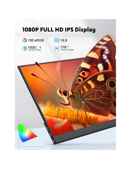 Monitor Portátil HONGO 15.6" FHD 1080P USB-C HDMI Ajustable