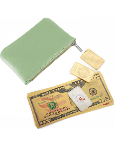 Monedero Portátil PU Verde con Cremallera para Mujeres
