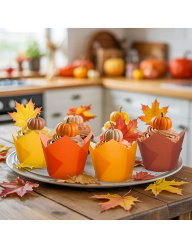 200 Forros de Cupcake Tulipán Whaline Otoño Naranja Amarillo Marrón