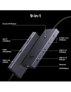 UGREEN Hub USB-C 9 en 1 con HDMI 4K, Ethernet Gigabit y Carga PD 100W 2