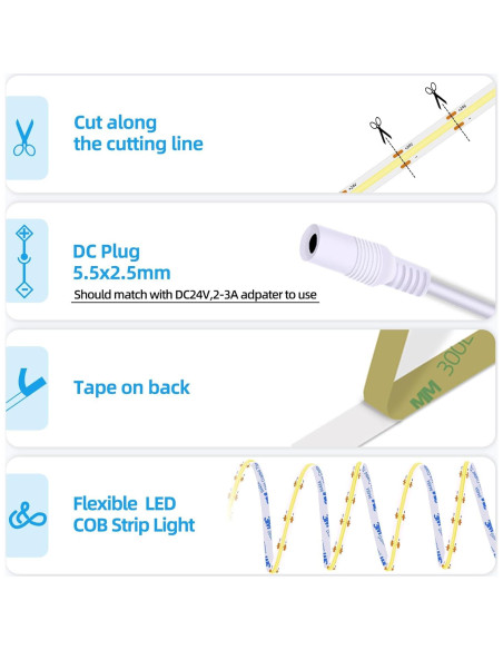 Tira LED COB 24V 5m Blanco Diurno 6000K Flexible Cortable