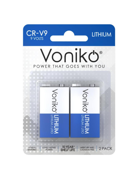 Batería de Litio Voniko 9V Paquete de 2, 10 Años de Vida Útil Batería de Litio Voniko 9V Paquete de 2, 10 Años de Vida Útil