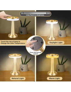 Lámpara de Mesa LED Recargable HAPYGI Oro 3 Niveles Táctil 2