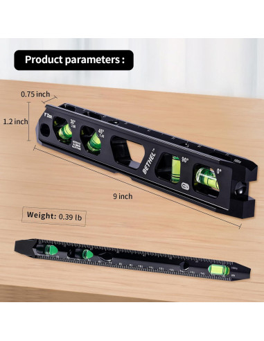 Nivel Torpedo Magnético BETHEL 22.86 cm con 4 Frascos de Burbuja