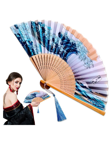 Abanico Plegable de Bambú y Seda BURIUS 20.8 cm Estilo Kanagawa